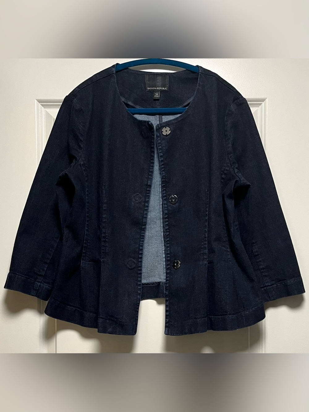 Banana Republic Collarless Peplum Denim Jacket 3/4 Sleeves Snaps Dark Navy 14